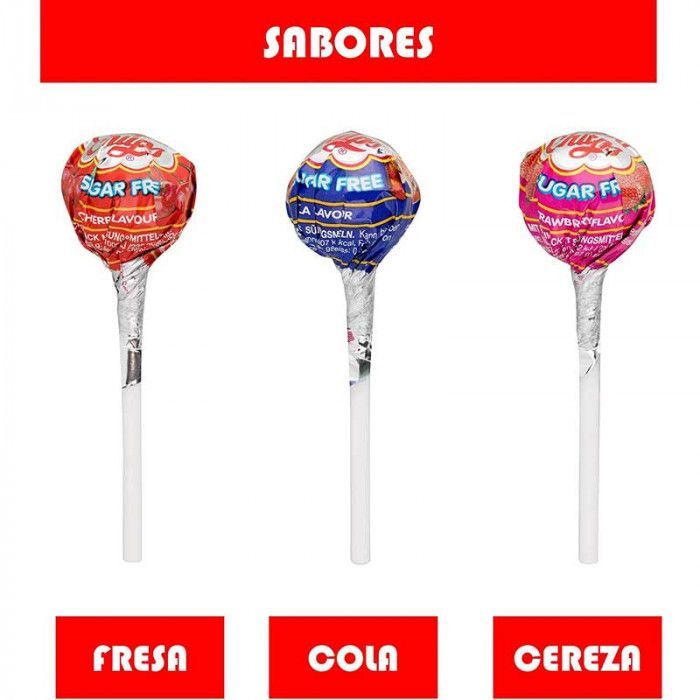 El original chupa chups,ahora Sin Azúcar, sabores: cereza, fresa y cola clásicos.Expositor redondo con 120 unidades.